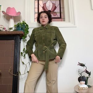 Vintage 1990s/Y2K Olive Green Belted Suede Jacket